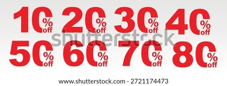 Discount Percentage Numbers Vector Set - 10, 20, 30, 40, 50, 60, 70, 80 Percent Off Red Typography