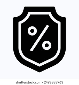 Discount Percentage With Shield Icon, Investor Interest Protection, Credit Percentage, Isolated Silhouette Vector Icon.