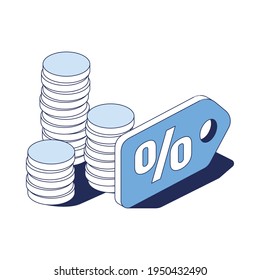 Discount percentages, price tag. Vector 3d line isometric, web icons, blue color. Creative design idea for infographics.