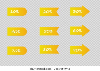 Discount percentages red and black yellow. Ribbon sale banners isolated. Selected on a transparent background, from 5% to 90%.
