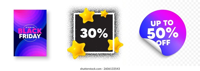 Discount photo frame 3d stars. Discount sticker banner. 30 percent off sale tag. Discount offer price sign. Special offer symbol. Black friday poster. Promo background. Vector