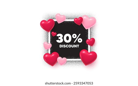 Discount photo frame banner. Square picture love frame. 30 percent discount tag. Sale offer price sign. Special offer symbol. 3d hearts balloons. Vector
