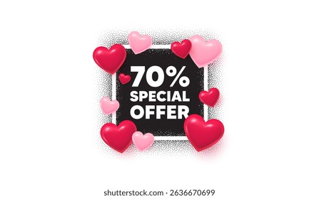 Discount photo frame banner. Square picture love frame. 70 percent discount offer tag. Sale price promo sign. Special offer symbol. 3d hearts balloons. Vector