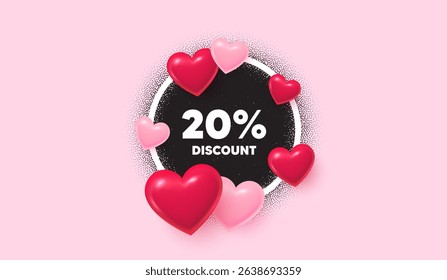 Discount picture frame banner. Circle photo frame. 20 percent discount tag. Sale offer price sign. Special offer symbol. 3d hearts balloons. Grain dots pattern. Vector