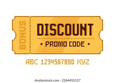 Discount pixel Coupon or Golden Ticket in retro 8-bit game style. Pixel promo  Coupon Gold icon Isolated vector on white background