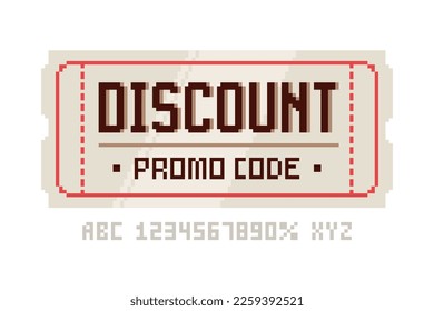 Discount pixel Coupon or Ticket in retro 8-bit game style. Pixel promo ticket icon Isolated vector on white background