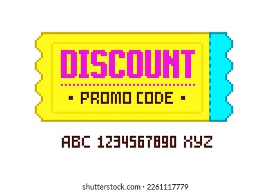 Discount pixel Coupon or Ticket in retro 8-bit game style. Pixel promo ticket icon Isolated vector on white background