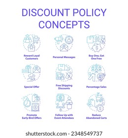 Discount policy blue gradient concept icons set. Sale offers. Customer benefits. Marketing strategy idea thin line color illustrations. Isolated symbols. Roboto-Medium, Myriad Pro-Bold fonts used