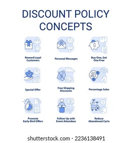 Discount policy light blue concept icons set. Customer benefits. Marketing strategy idea thin line color illustrations. Isolated symbols. Editable stroke. Roboto-Medium, Myriad Pro-Bold fonts used