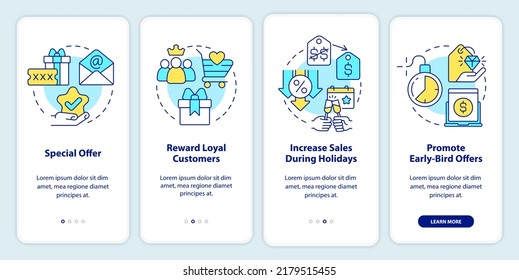 Discount policy onboarding mobile app screen. Marketing walkthrough 4 steps editable graphic instructions with linear concepts. UI, UX, GUI template. Myriad Pro-Bold, Regular fonts used