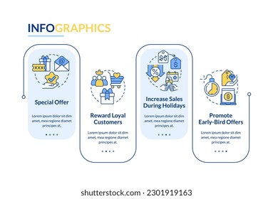 Discount policy rectangle infographic template. Marketing. Data visualization with 4 steps. Editable timeline info chart. Workflow layout with line icons. Lato-Bold, Regular fonts used