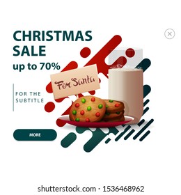 Discount pop up for website with abstract shapes in red and green colors and cookies with a glass of milk for Santa Claus