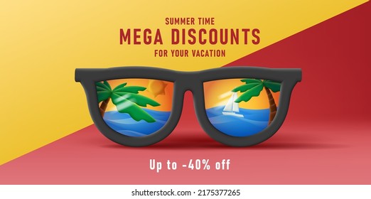 Discount poster with 3d sunglasses illustration with reflection of palms and beach. Vector illustration