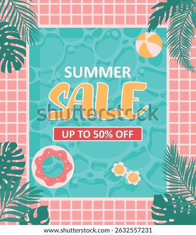Discount poster. Up to 50% off. Top view of swimming pool with swimming rings and ball, palm tree leaves. Flat vector illustration.