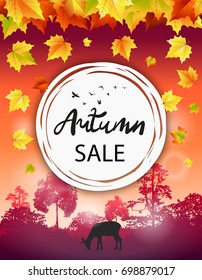 A discount poster with autumn leaves and deer. Vector illustration.
