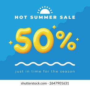 Discount poster with cartoon 3d numbers. Sale seasons, summer promo marketing shopping flyer, special offer banner design, plump voluminous symbols, sea travel, classy vector concept
