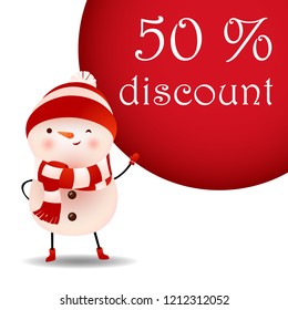 Discount poster design with winking snowman. Creative lettering on red background with cartoon character of snowman. Can be used for advertising, discount coupons, sales, shopping
