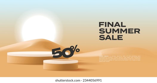 Discount poster with empty pedestal in desert, sand and sun, product placement, sun screen goods advertising