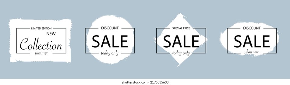 Discount poster vector template. Sale text frames, new collection, super big final special offer. Spring blue background border with white scuffs. Border for banner, flyer, social media.