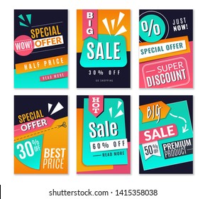 Discount posters. Promotional fashion marketing backgrounds, sale advertising offer flyers. Online newsletter vector for market signage