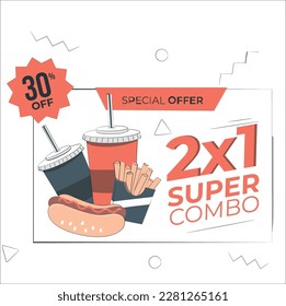 Discount posters set for fast food restaurant or delivery service, template design with linear food and drinks combo menus for snack and lunch
