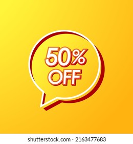 Discount with the price is 50%. Sale of special offers. An ad with a yellow tag for an advertising campaign at retail on the day of purchase.