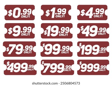 Discount Price Coupons from $0.99 to $999.99. Grand Sale discount price coupons vector illustration. Red Price Stickers for Your Shop. Save Money with Clearance Purchase!