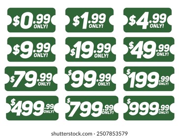 Discount Price Coupons from $0.99 to $999.99. Grand Sale discount price coupons vector illustration. Green Price Stickers for Your Shop. Save Money with Clearance Purchase! 