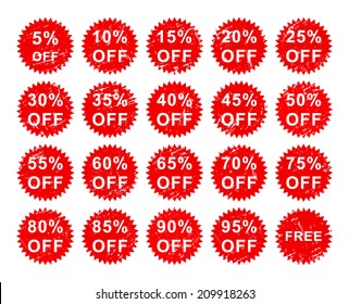 Discount price icon set, red isolated on white background, vector illustration.