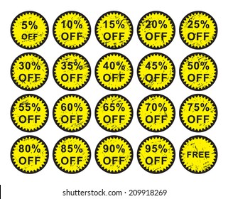Discount price icon set, yellow and black isolated on white background, vector illustration.