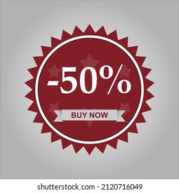 Discount price sticker. 50% off, buy now badge, tag round design illustration eps 10.