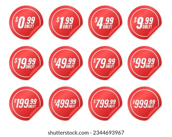 Discount price tag from 0.99 to 999.99 dollar set. Special sale offer advertising with price-off label template. Save money with clearance purchase shop product price sticker. Vector illustration