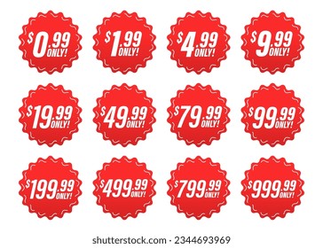 Discount price tag from 0.99 to 999.99 dollar set. Special sale offer advertising with price-off label template. Save money with clearance purchase shop product price sticker. Vector illustration