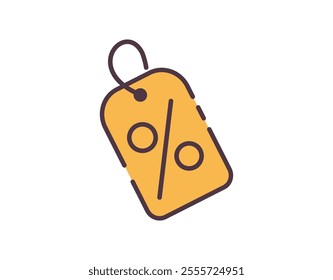 Discount price tag icon illustration. Flat line color icon of yellow discount tag.  Percentage symbol, sales, promotion. Colored outline icon.