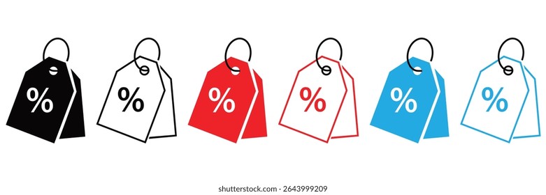 Discount and Price Tag Icon Set – Flat and Line Style Promotion Labels with Editable Stroke