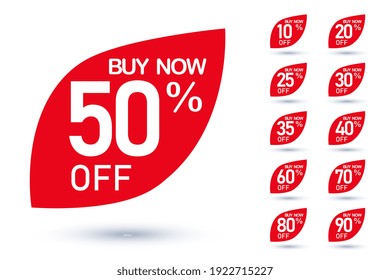 Etiqueta de precio de descuento en el conjunto de vectores de deshielo de forma de hoja roja de venta. Oferta especial para fin de semana, fin de temporada, venta de viernes negro con proposición compra ahora ilustración vectorial aislada en fondo blanco