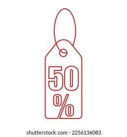 Discount price tag vector icon in red color. 50 percent discount.
