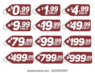 Discount Price Tags from $0.99 to $999.99. Grand Sale discount price tags vector illustration. Red Price Stickers for Your Shop. Save Money with Clearance Purchase! 