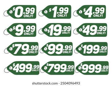 Descuento en Precios desde $0.99 hasta $999.99. Ilustración vectorial de etiquetas de Precio de descuento de gran venta. Pegatinas de Precio verde para su tienda. Ahorra dinero con la compra de liquidación! 