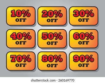 Discount Price Tags For Every Shopping Season. Presented By Yellow Style Icons With 10 - 90 Percent Off. Vector Illustration on Grey Background