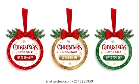 Discount and price tags on paper. Christmas Mega Sale Offer Badge and Sale Hanging for Christmas sale concept. Xmas Sale design on christmas ball.  
