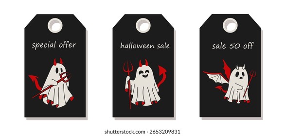 Discount Price Tags with  Set of Halloween Devil Ghosts with Trident and Fun Design