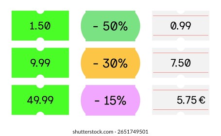 Conjunto de Vector de etiquetas de Precio de descuento: etiquetas de venta coloridas con porcentajes y textos de ofertas especiales