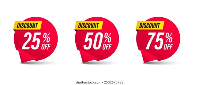 Discount prices 25, 50 and 75 percent off. Advertising discounts sign on red flyer badge. Promotion set for shopping marketing, clearance sale and advertisement Vector illustration.