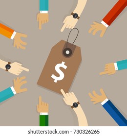 discount pricing strategy price tag team group of people hand pointing try to grab 