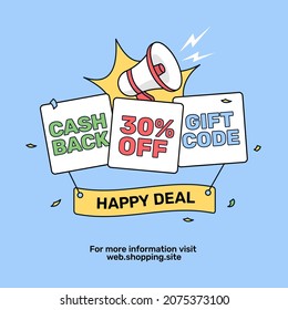 Discount prizes, cashback, gift code online shop event promotion poster for social media. modern retro unique style vector illustration