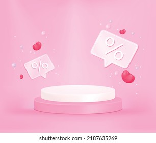 Discount product sale podium with hearts and pearls on pink background, 3D rendering podium. Vector Pink pastel podium minimal style. Special offer composition.