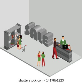 Discount products, people come to buy goods in the shop. Vector illustration