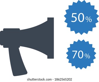 Discount Promo Announcment Concept, Mega phone with Various percentage starbust vector icon design, Black Friday and Cyber Monday Sale Symbol on White background
