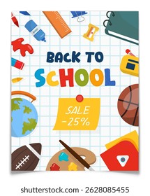 Discount promo flyer for back to school sale. Graph paper checkered background. School supplies including globe, ball, paint palette, notebook, pencil. Discount offer web banner. Vector illustration.
